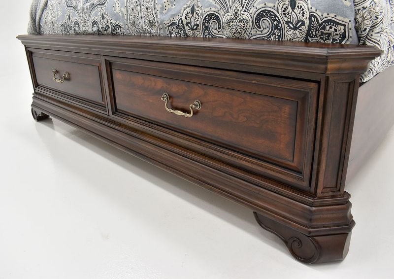 Cherry Brown Devonshire Queen Size Panel Bed Set by Avalon Showing the Storage Drawers in the Footboard | Home Furniture Plus Bedding