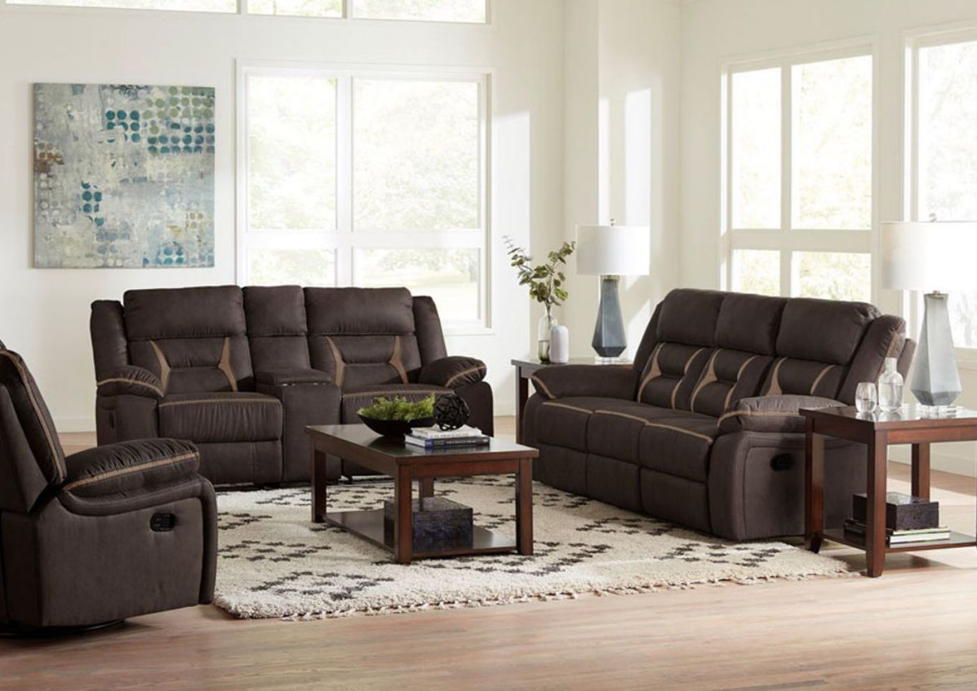 Chocolate Brown Engage Reclining Sofa Set by Lane Home Furnishings Showing the Room View, Made in the USA | Home Furniture Plus Bedding
