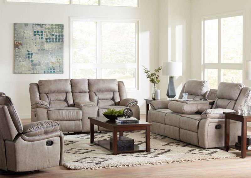 Taupe Brown Engage Reclining Sofa Set by Lane Home Furnishings Room View | Home Furniture Plus Bedding