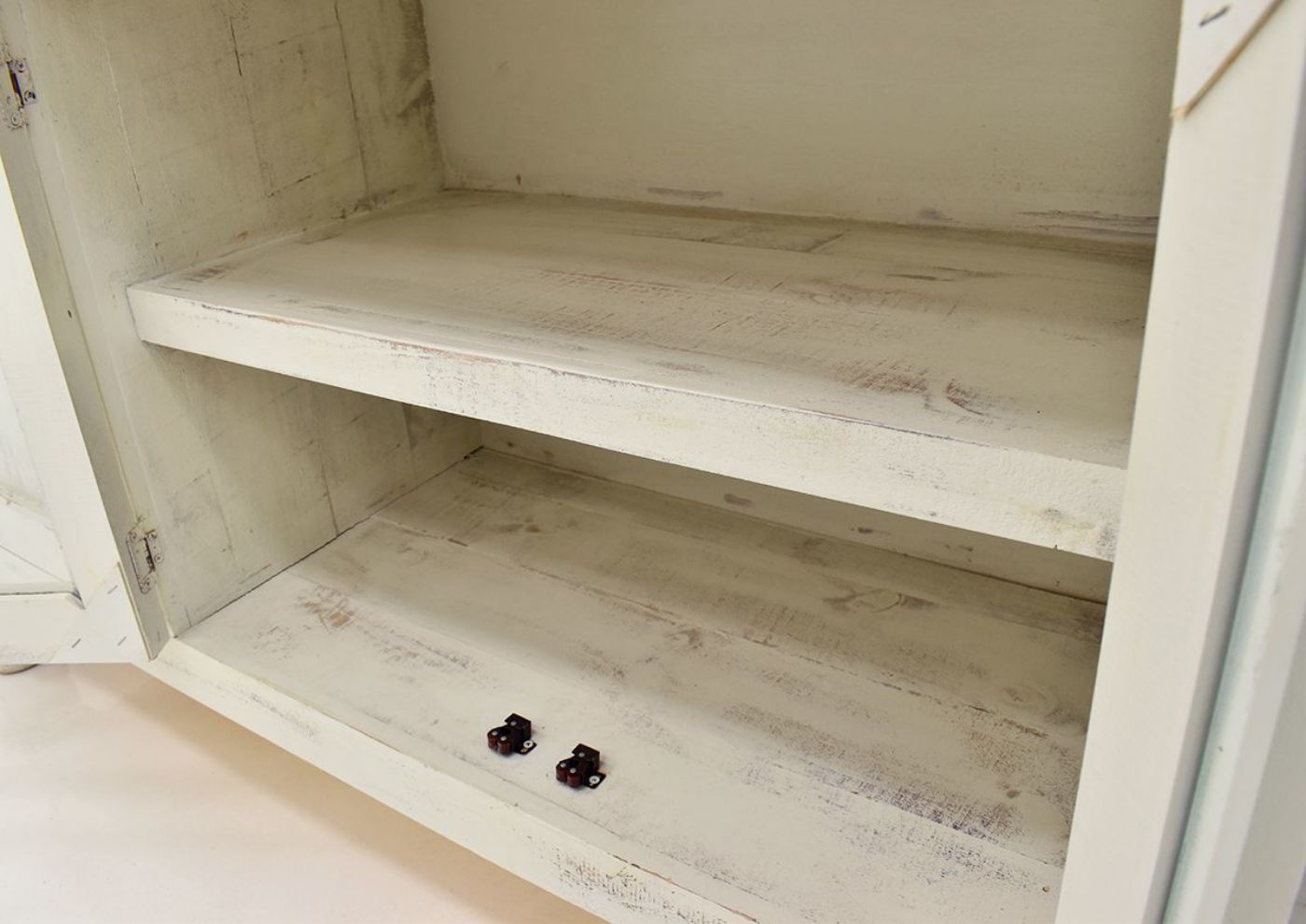 White Martha TV Stand by Vintage Furniture Showing the Shelves | Home Furniture Plus Bedding