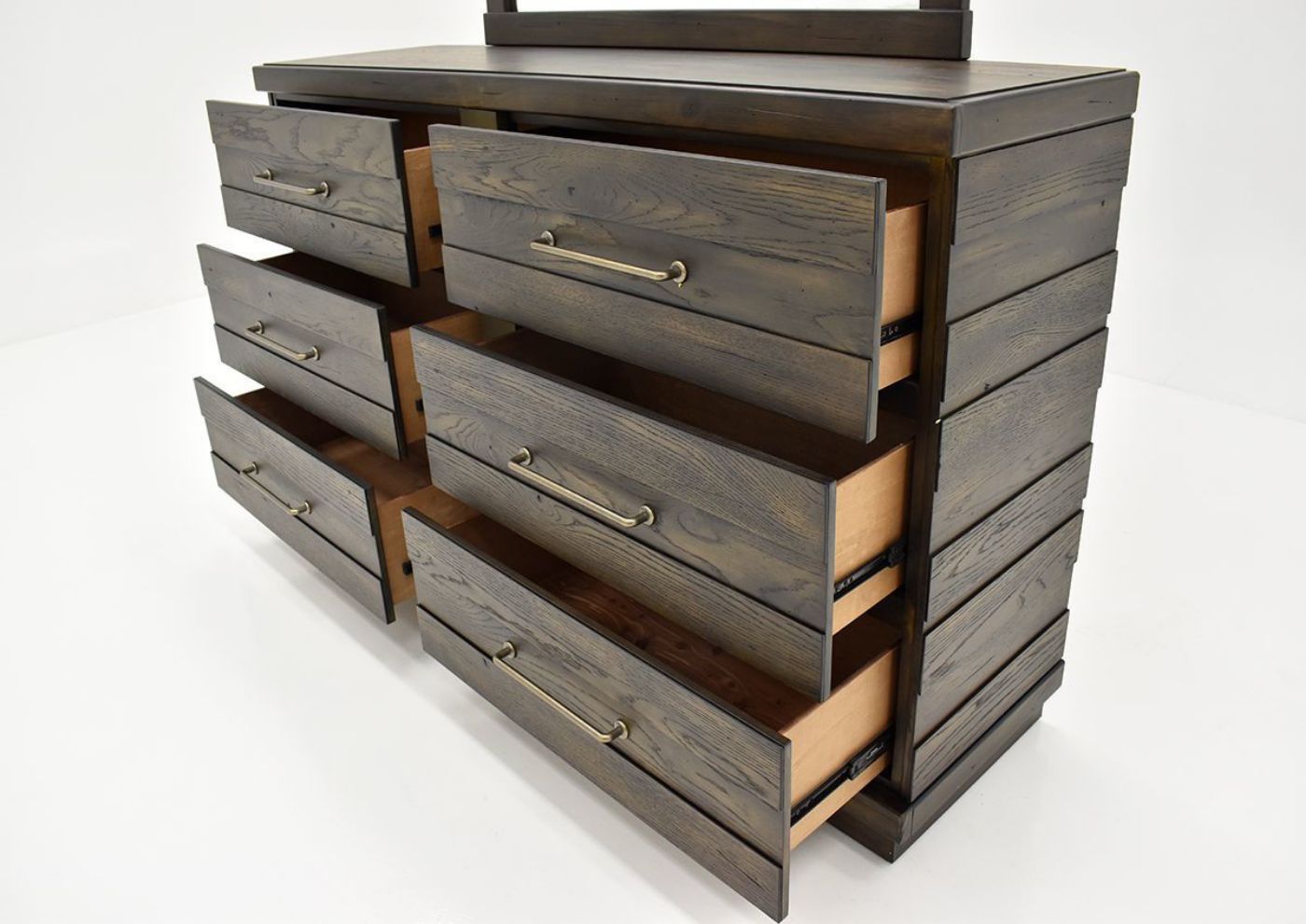 Brown Edison Dresser with Mirror by Bernard Furniture Showing the Dresser at an Angle With the Drawers Open | Home Furniture Plus Bedding