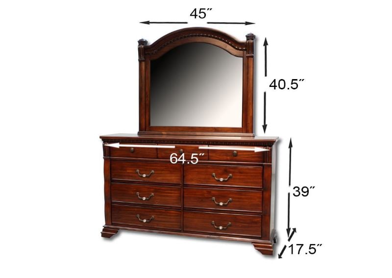 Brown Isabella King Size Bedroom Set Room View by Austin Furniture Showing the Dresser and Mirror Dimensions | Home Furniture Plus Bedding