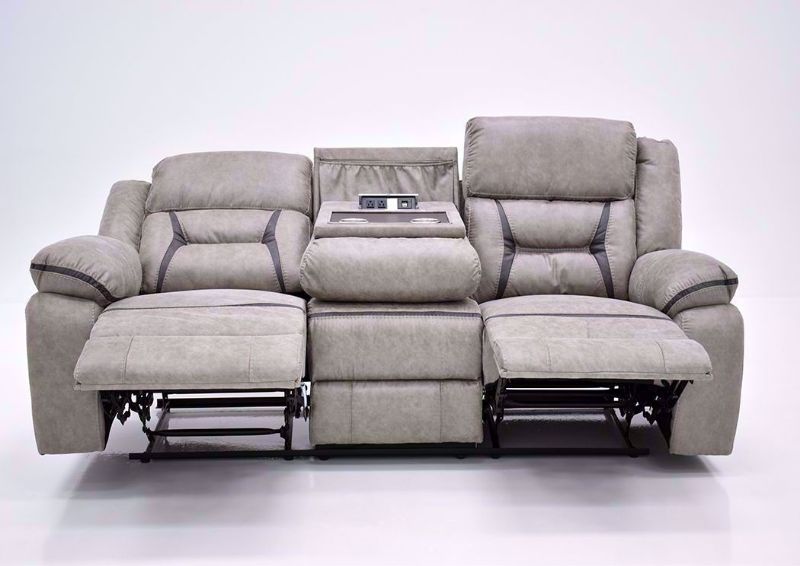 Taupe Brown Engage Reclining Sofa Front View with Both Recliners and Console Open | Home Furniture Plus Bedding