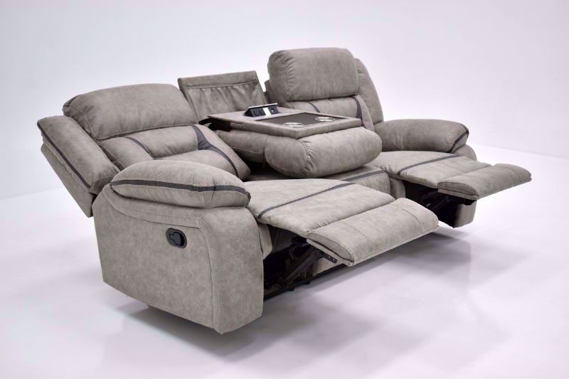 Taupe Brown Engage Reclining Sofa Side View with Both Recliners and Console Open | Home Furniture Plus Bedding