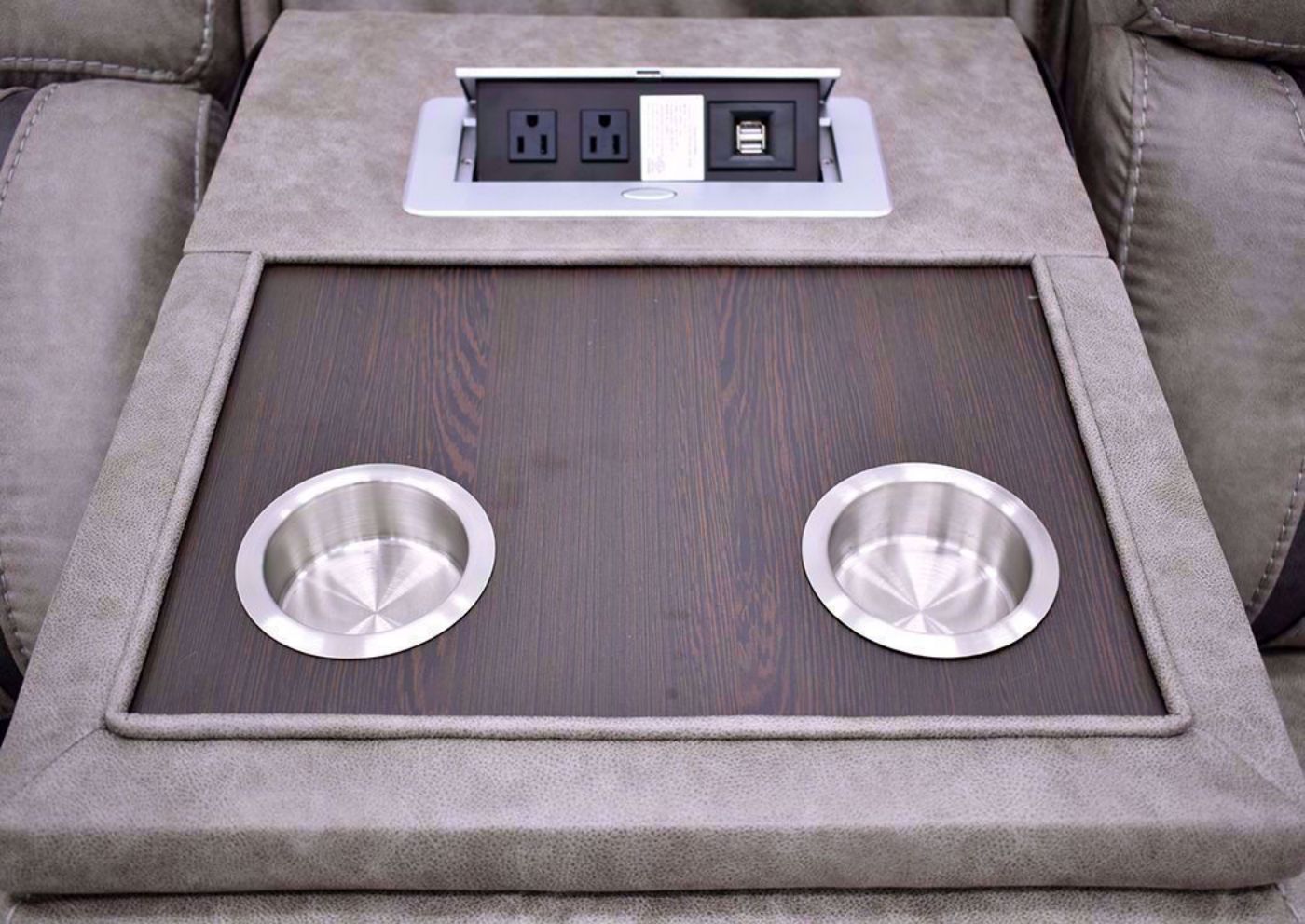 Close Up of the Center Console with Cup Holders and USB Power on the Taupe Brown Engage Reclining Sofa | Home Furniture Plus Bedding