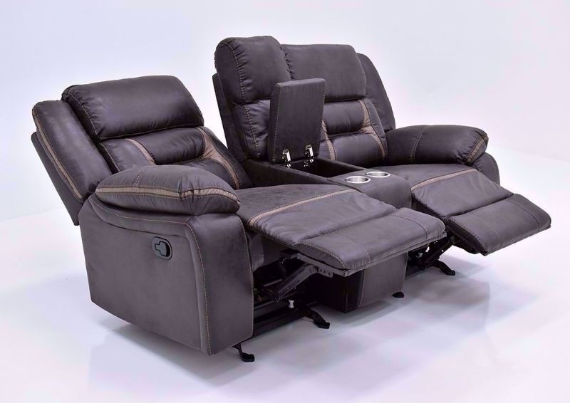 Side View of the Chocolate Brown Engage Reclining Loveseat by Lane Home Furnishings with Both Recliners Open and Center Console | Home Furniture Plus Bedding