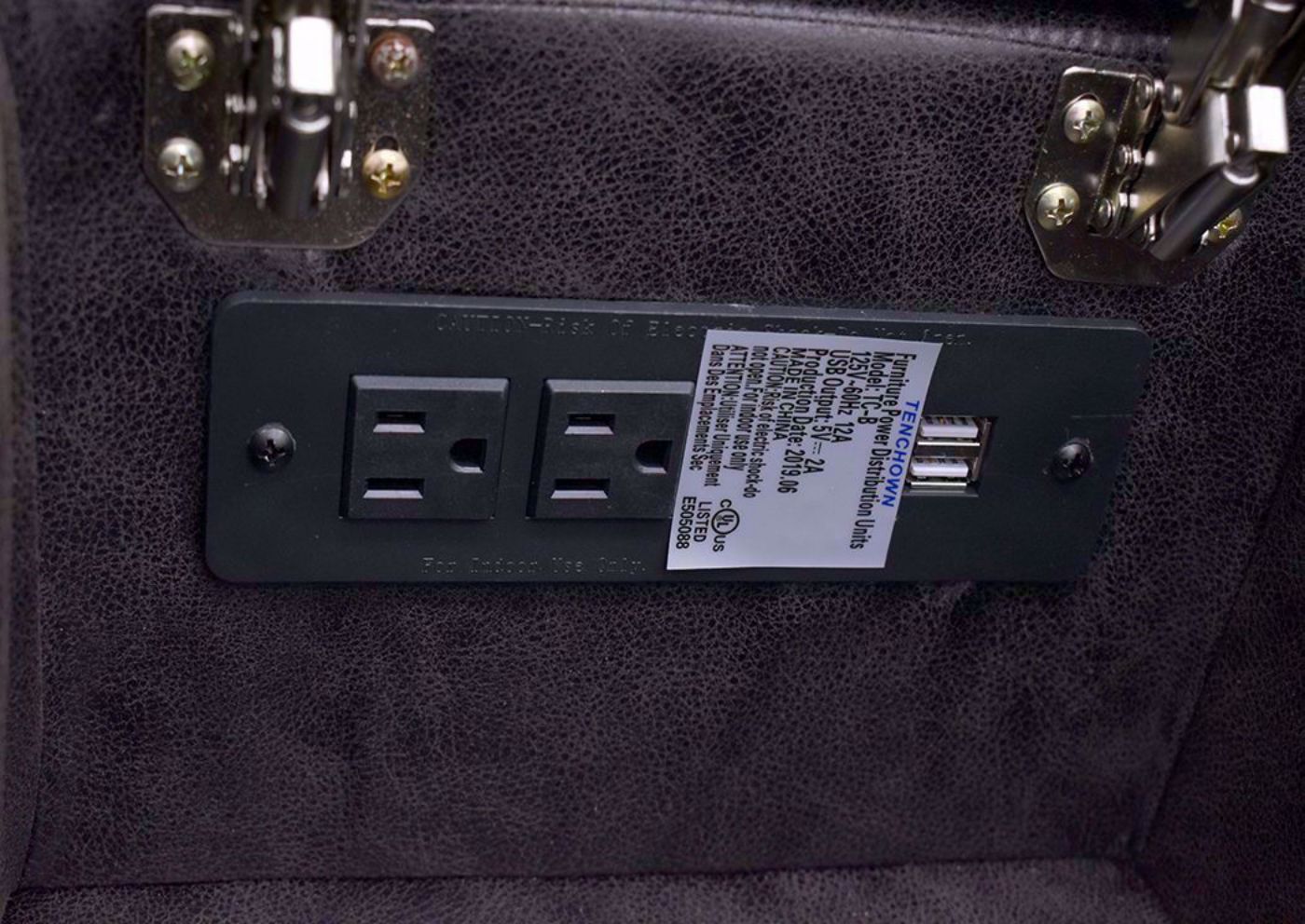Close Up View of the Power and USB Access in the Center Console of the Chocolate Brown Engage Reclining Loveseat by Lane Home Furnishings | Home Furniture Plus Bedding