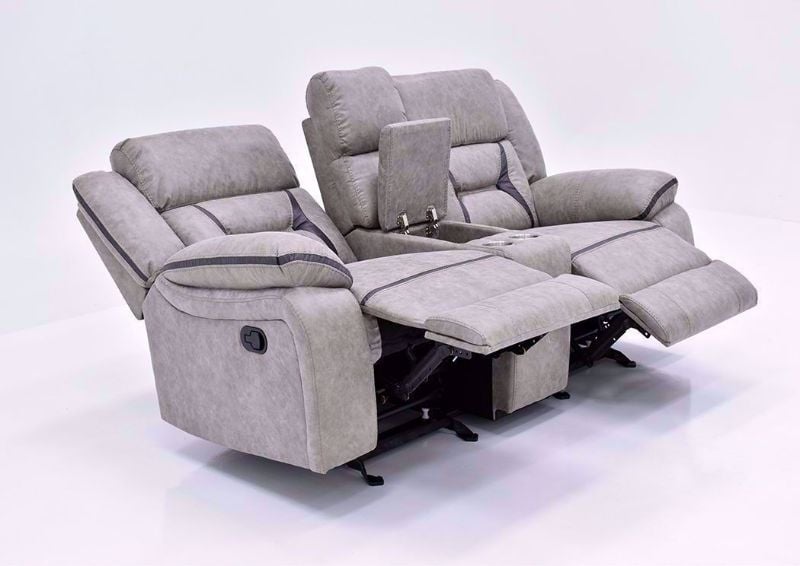 Taupe Brown Engage Reclining Loveseat by Lane Home Furnishings Showing the Angle View Fully Reclined, Made in the USA | Home Furniture Plus Bedding