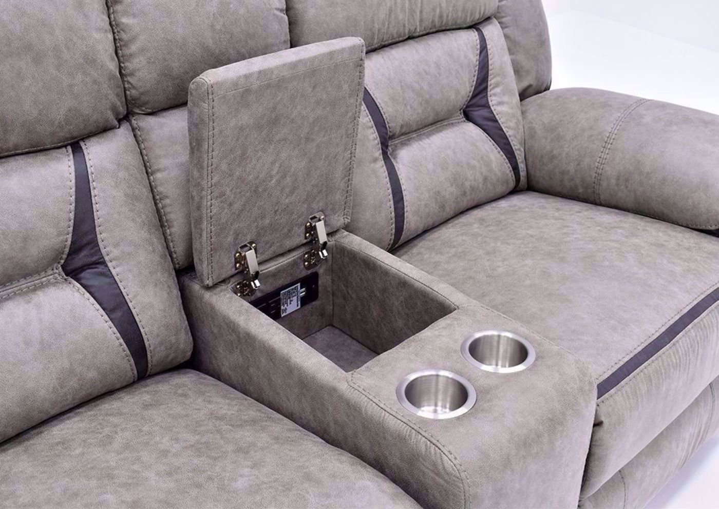 Taupe Brown Engage Reclining Loveseat by Lane Home Furnishings Showing the Storage Console With Cupholders, Made in the USA | Home Furniture Plus Bedding