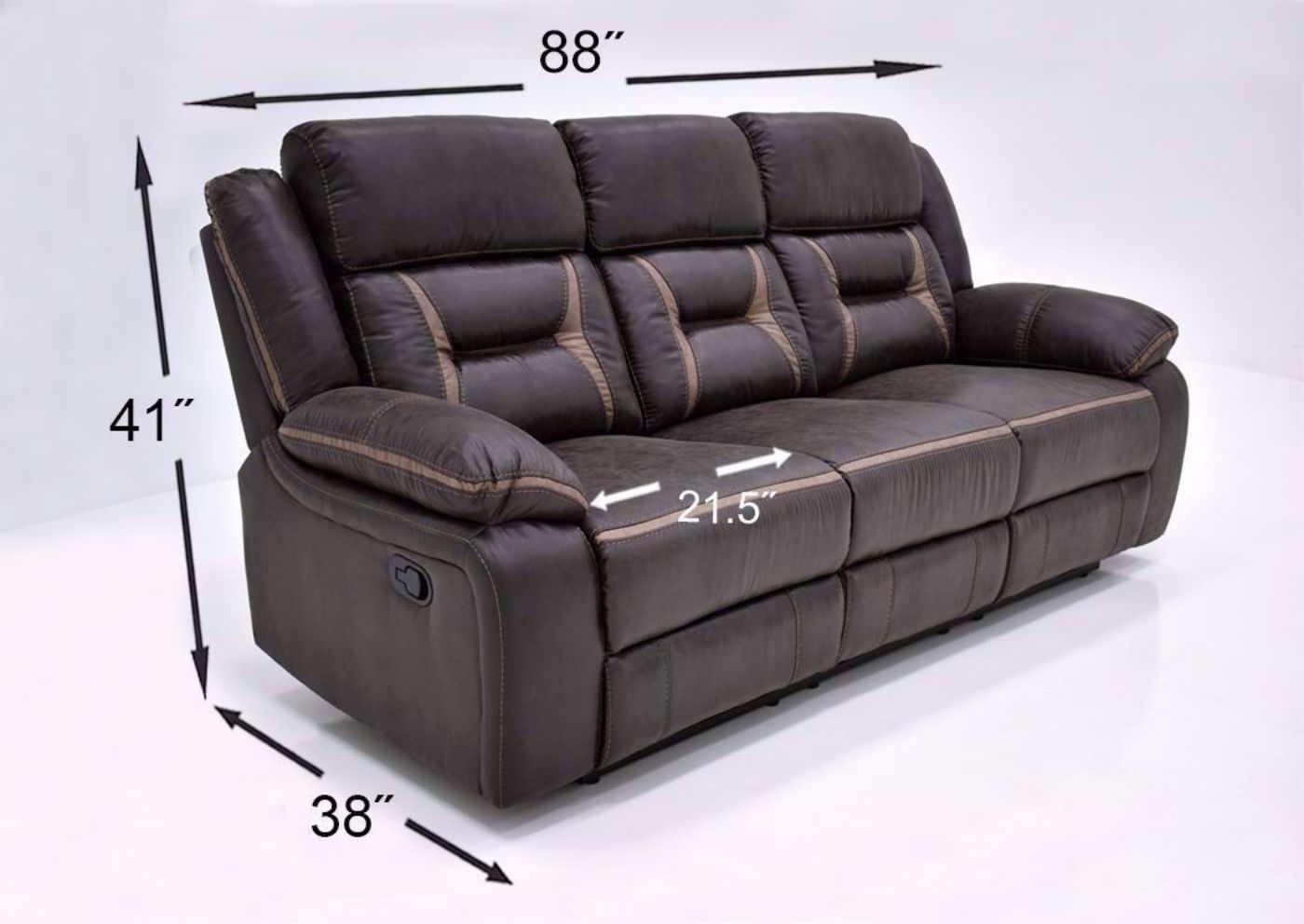Dark Brown Engage Reclining Sofa Angle View with Dimension Details | Home Furniture Plus Bedding