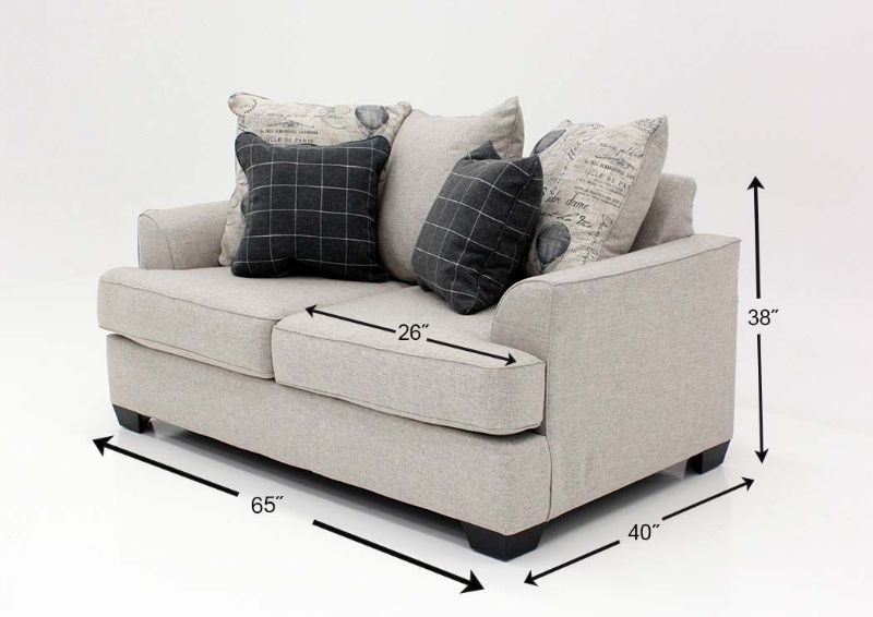Detail Dimensions of the Velletri Loveseat with Accent Pillows by Ashley with Cream Upholstery | Home Furniture + Mattress