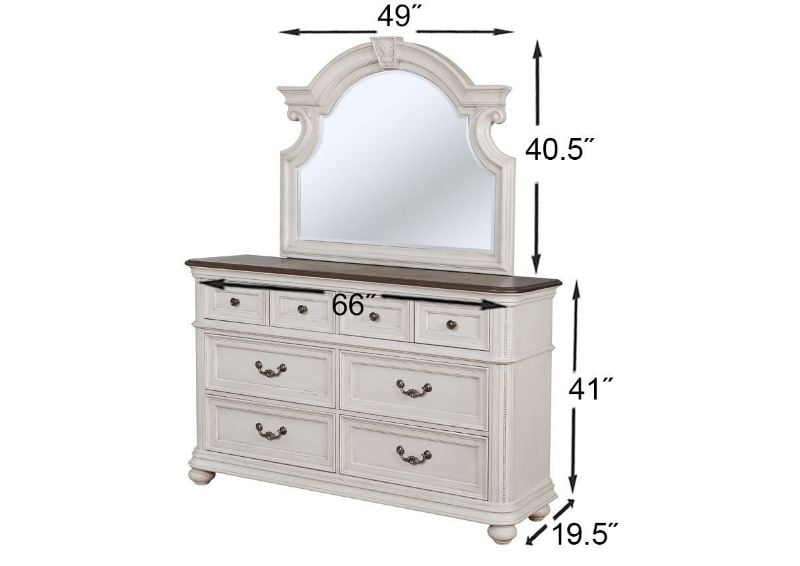 White Keystone King Size Bedroom Set by Avalon Showing the Dresser with Mirror Dimensions | Home Furniture Plus Bedding