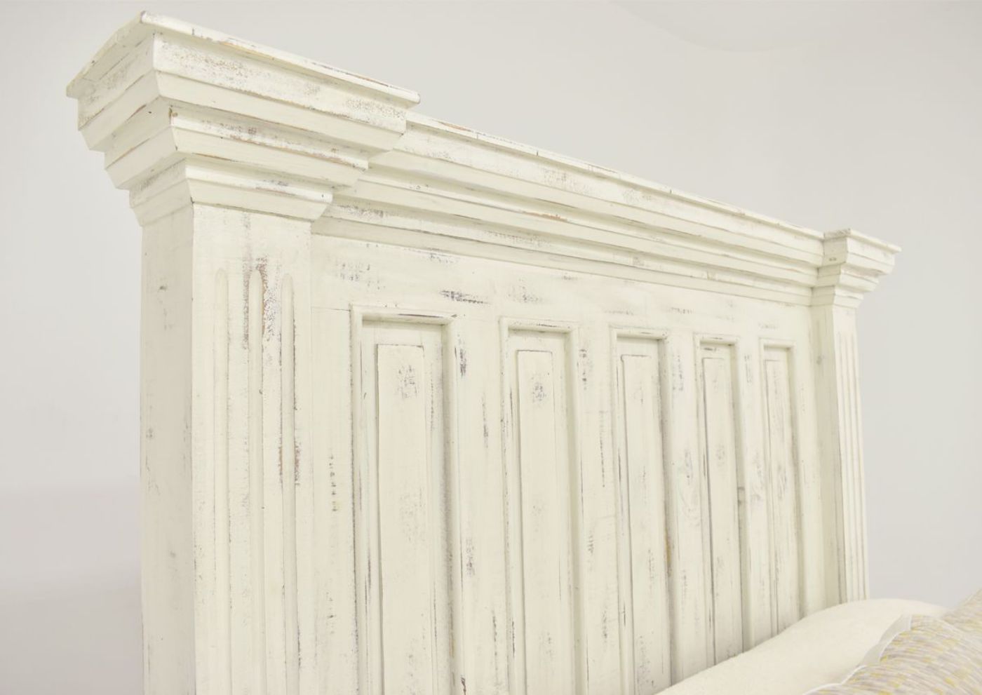 White Chalet King Size Panel Bed by Vintage Furniture Showing the King Bed Head Board at an Angle | Home Furniture Plus Bedding