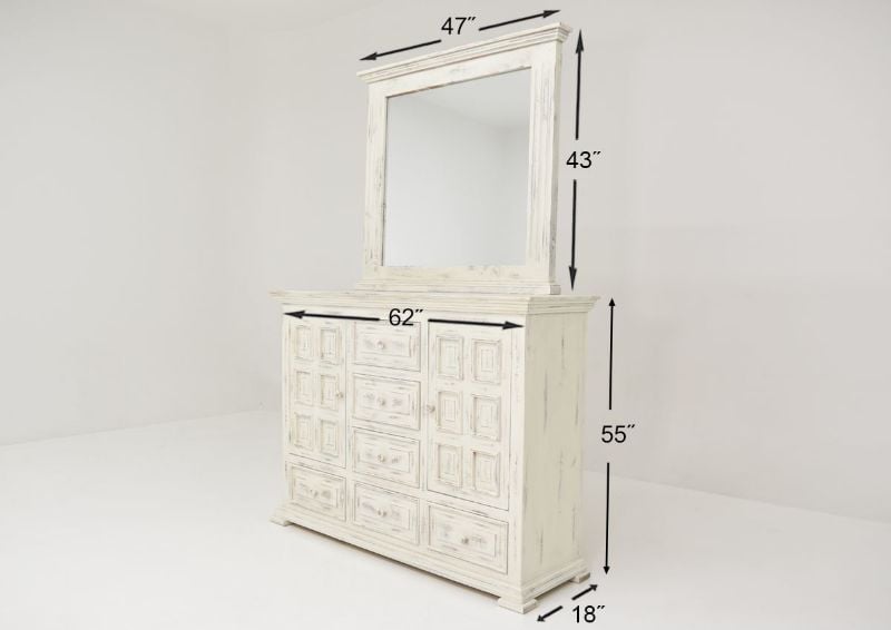 White Chalet Dresser with Mirror by Vintage Furniture Showing the Dimensions | Home Furniture Plus Bedding