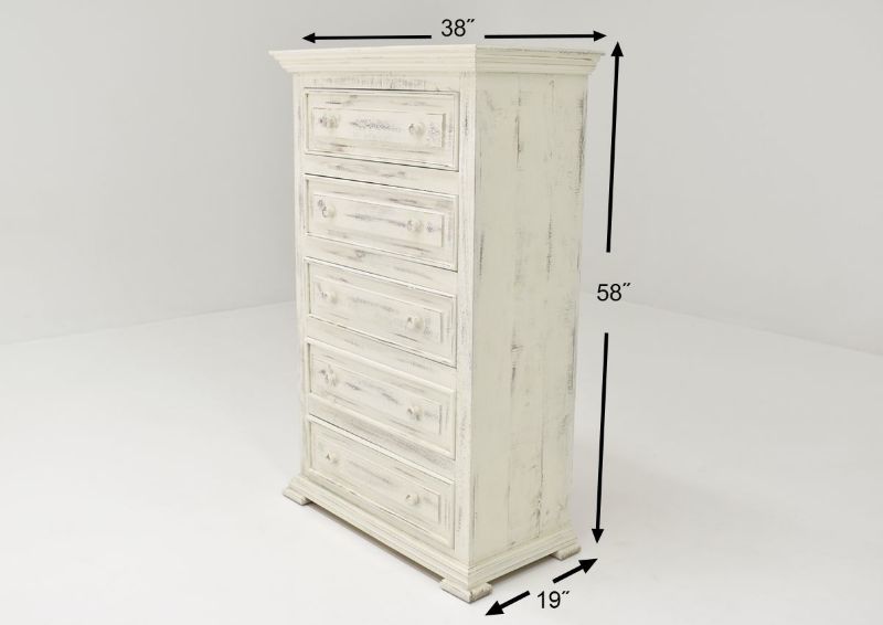 White Chalet Chest of Drawers by Vintage Furniture Showing the Dimensions | Home Furniture Plus Bedding