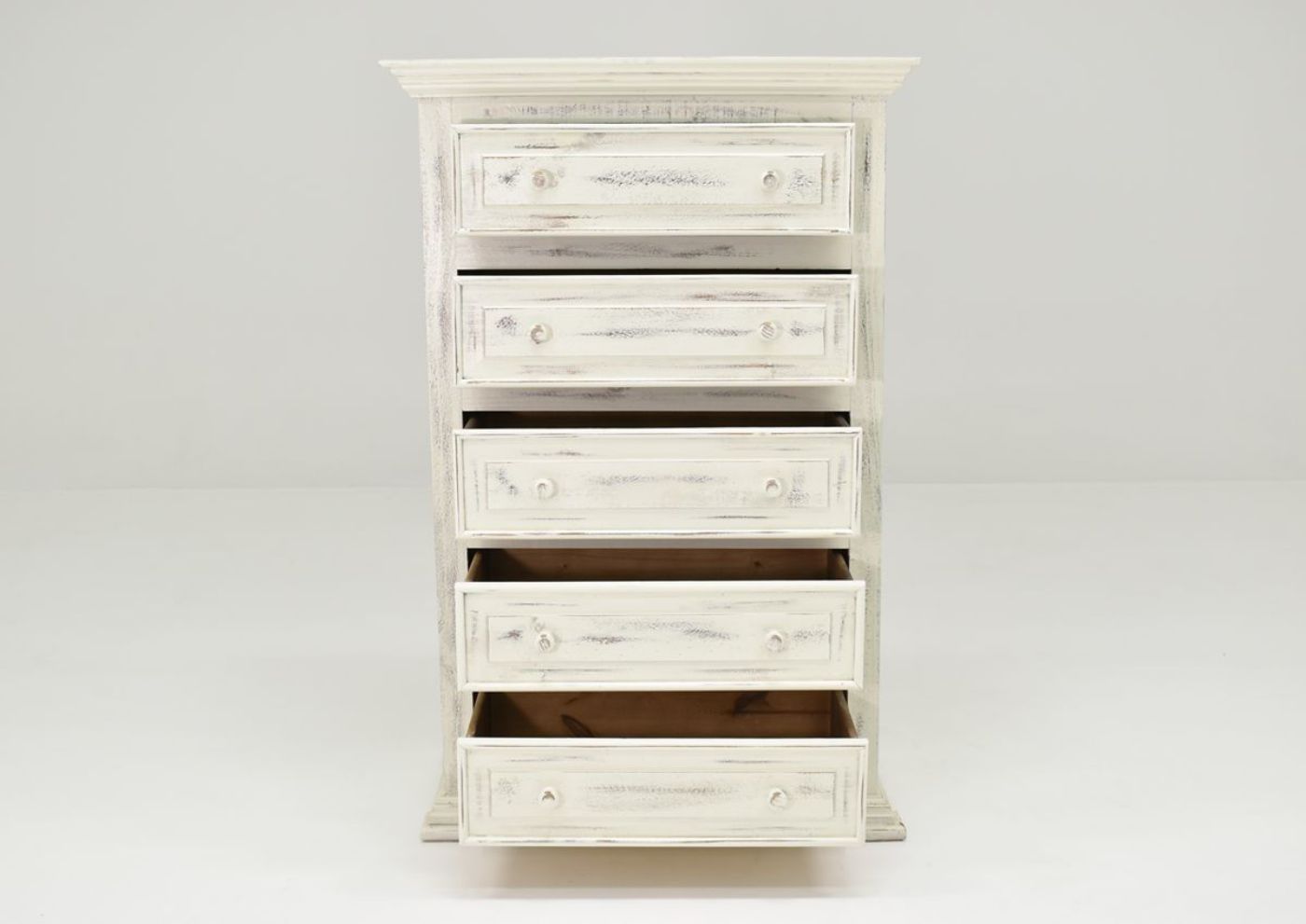 White Chalet Chest of Drawers by Vintage Furniture Showing the Front View With the Drawers Open | Home Furniture Plus Bedding