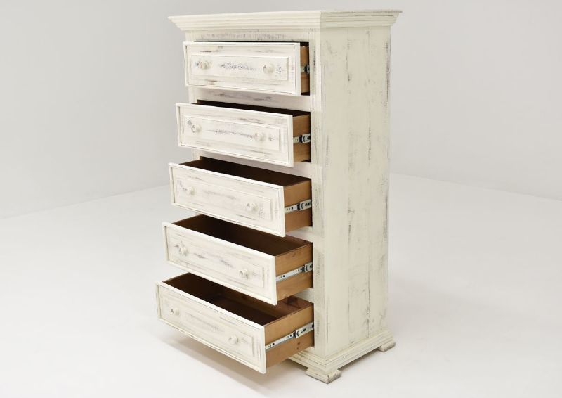White Chalet Chest of Drawers by Vintage Furniture Showing the Angle View With the Drawers Open | Home Furniture Plus Bedding