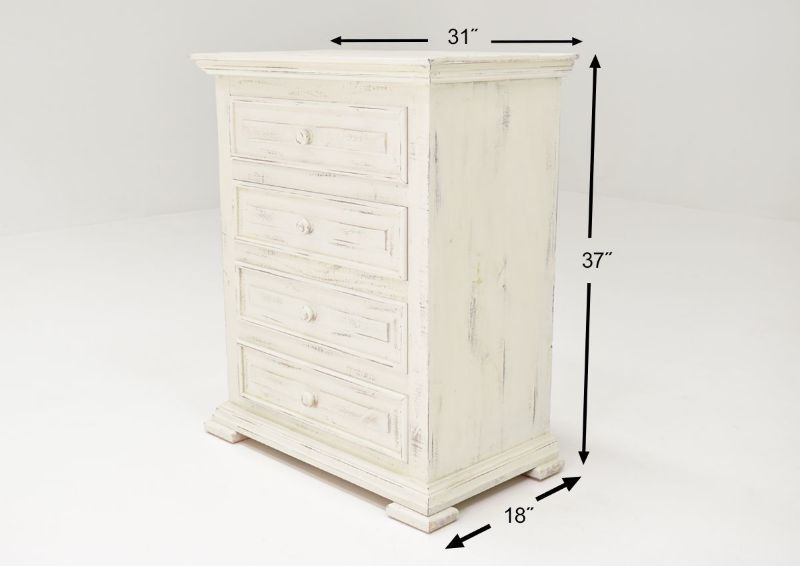 White Chalet 4 Drawer Nightstand by Vintage Furniture Showing the Dimensions | Home Furniture Plus Bedding