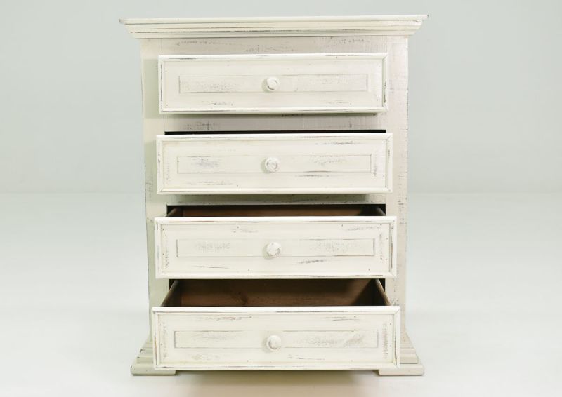 White Chalet 4 Drawer Nightstand by Vintage Furniture Showing the Front View With the Drawers Open | Home Furniture Plus Bedding