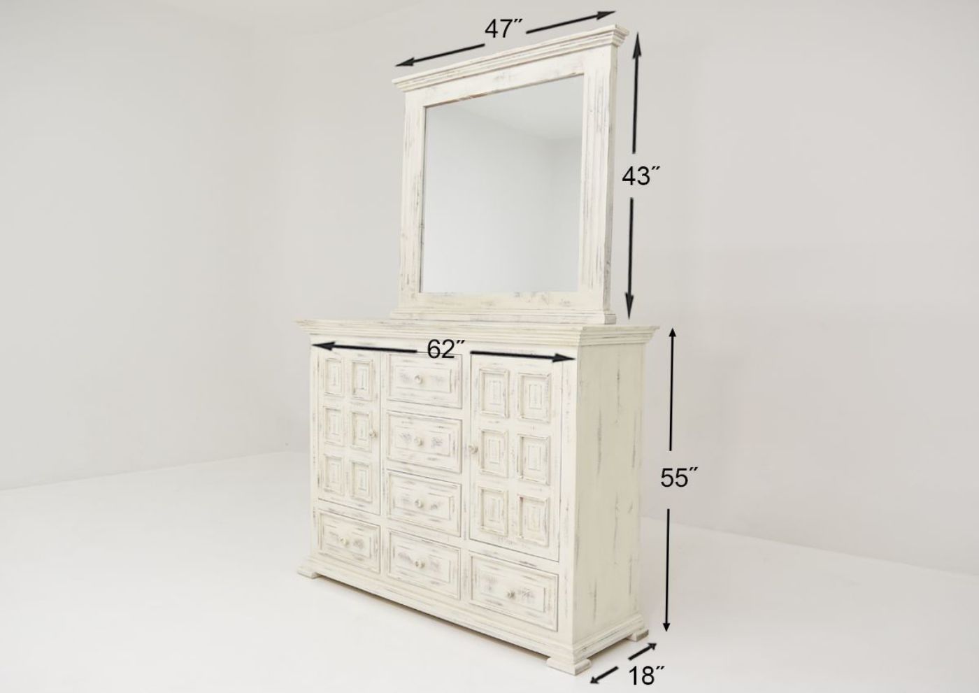White Chalet King Size Bedroom Set by Vintage Furniture Showing the Dresser with Mirror Dimensions | Home Furniture Plus Bedding