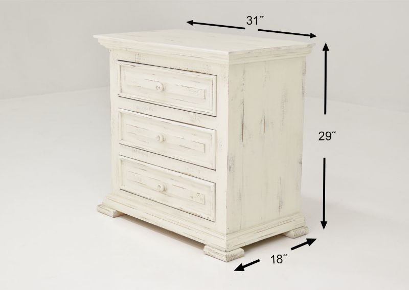 White Chalet King Size Bedroom Set by Vintage Furniture Showing the Nightstand Dimensions | Home Furniture Plus Bedding