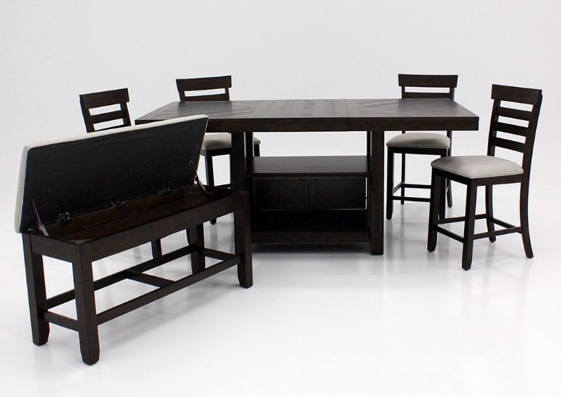 Dark Brown Colorado 6 Piece Counter Height Table Set Facing Front Showing the Bench Open | Home Furniture Plus Bedding