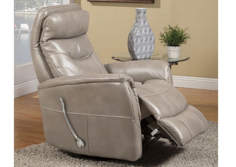 Linen Taupe Gemini Swivel Glider Recliner by Parker House Showing the Angle View With the Chaise Open and the Headrest Adjusted Forward | Home Furniture Plus Bedding