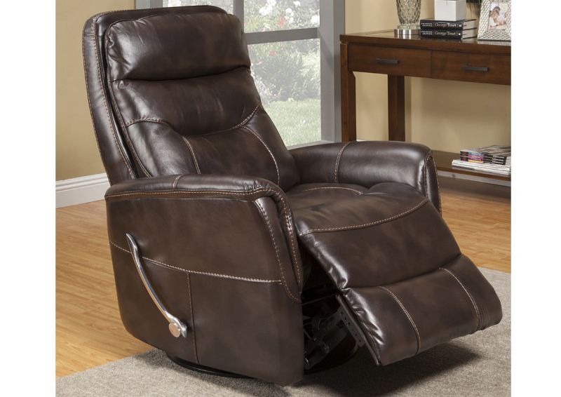 Dark Truffle Brown Gemini Swivel Glider Recliner by Parker House Showing the Angle View With the Chase Open in a Room Shot | Home Furniture Plus Bedding