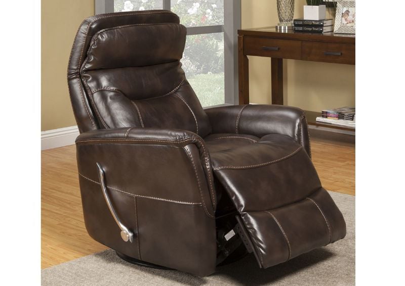 Dark Truffle Brown Gemini Swivel Glider Recliner by Parker House Showing the Angle View With the Chase Open and the Headrest Forward | Home Furniture Plus Bedding