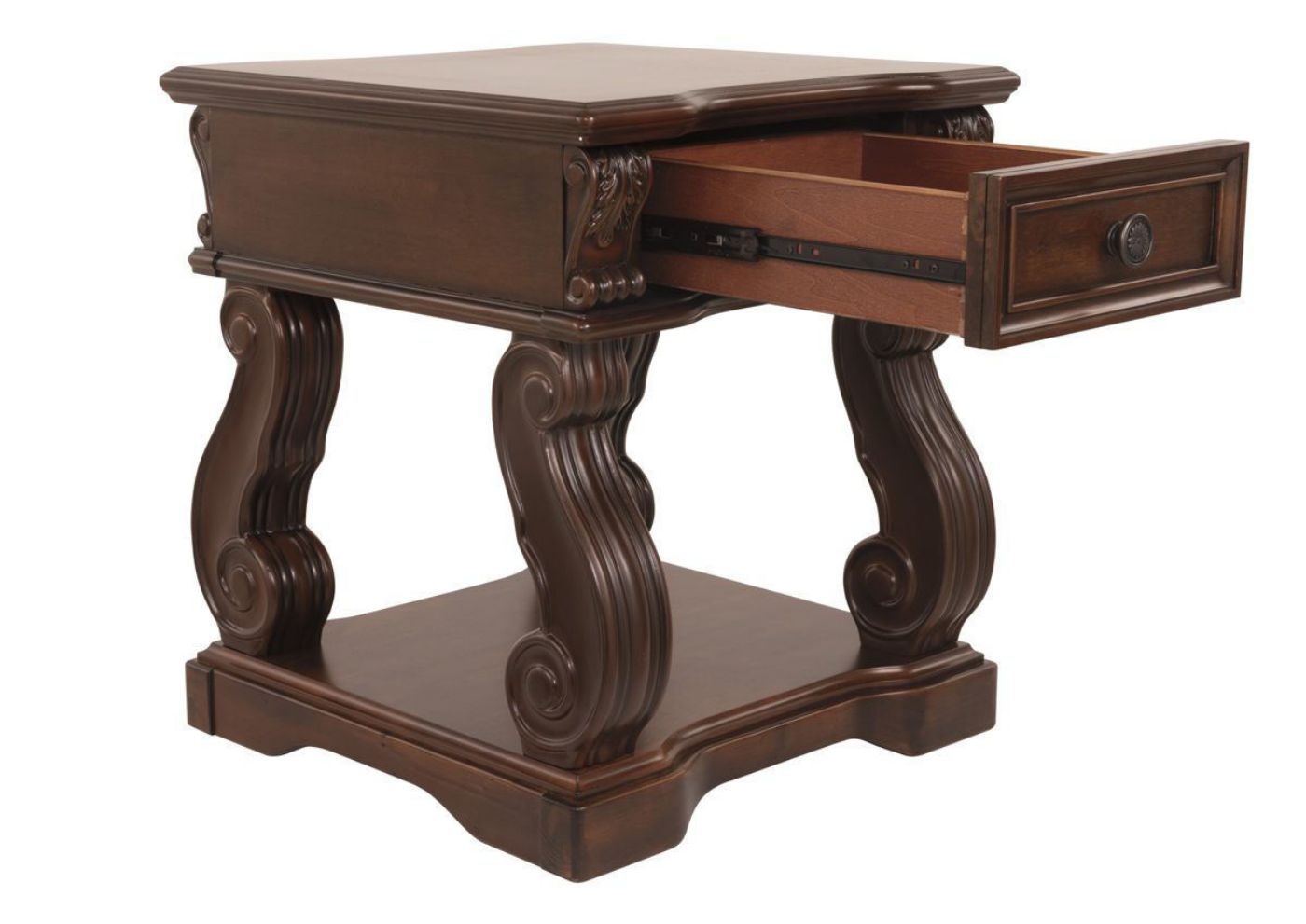 Slightly Angled View With The Drawer Open on the Alymere End Table by Ashley Furniture | Home Furniture Plus Bedding
