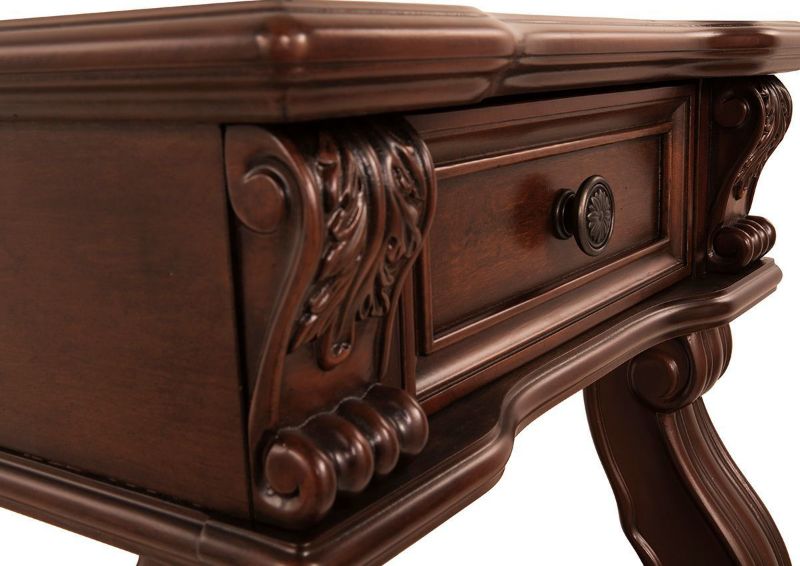 Close Up of the Corner Drawer Details of the Alymere End Table by Ashley Furniture | Home Furniture Plus Bedding