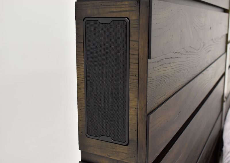 Brown Edison Queen Size Panel Bed by Bernard Furniture Showing the Speaker Detail on the Side of the Headboard  | Home Furniture Plus Bedding