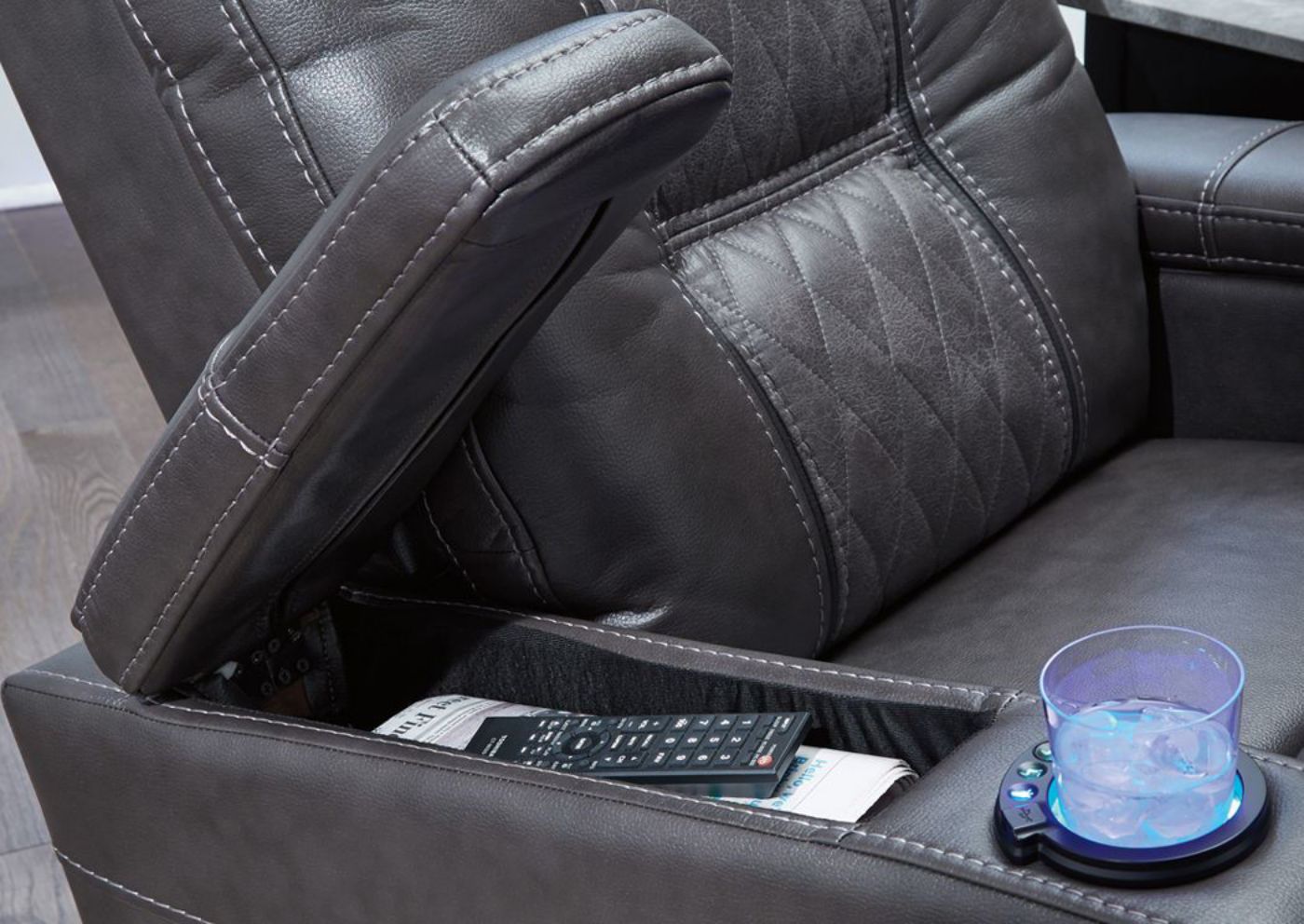 Storage Area of the Arms on the Composer Power Activated Recliner by Ashley Furniture Slightly Opened  | Home Furniture Plus Mattress