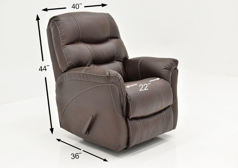 Angled View with Dimension Details on the Sierra Rocker Recliner with Brown Upholstery | Home Furniture Plus Bedding