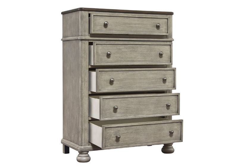 Slightly Angled View of Opened Drawers on the Falkhurst 5 Drawer Chest of Drawers by Ashley Furniture | Home Furniture Plus Bedding