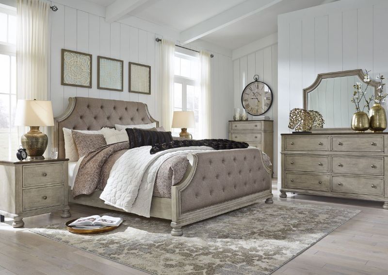 Room View of the Falkhurst King Size Upholstered Bedroom Set by Ashley Furniture | Home Furniture Plus Bedding