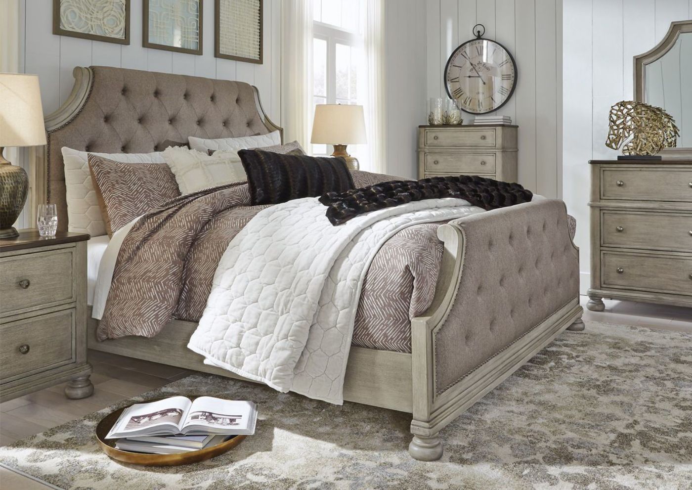 Slightly Angled Room View of the Falkhurst King Size Upholstered Bedroom Set by Ashley Furniture | Home Furniture Plus Bedding