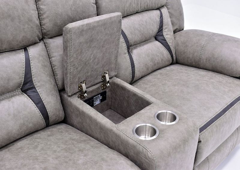 Taupe Acropolis Reclining Loveseat by Standard Showing the Storage Console Detail | Home Furniture Plus Bedding