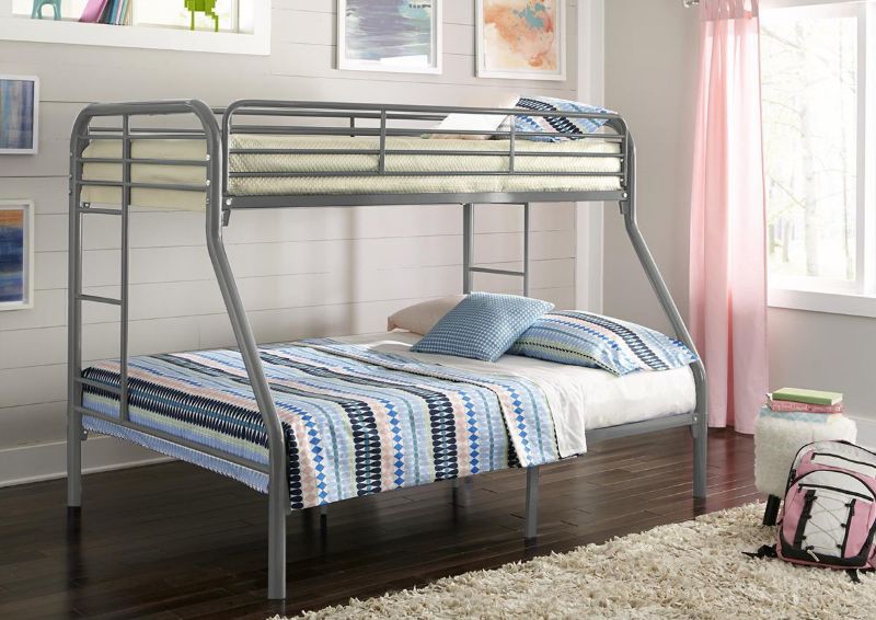 Room View of the Silver Metal Twin-over-Full Bunk Bed by Kith Furniture | Home Furniture Plus Bedding