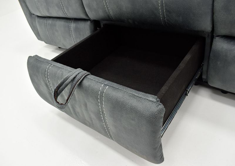Hidden Storage Drawer in the Open Position on the Knoxville Reclining Sofa in Gray by Standard Furniture | Home Furniture Plus Bedding