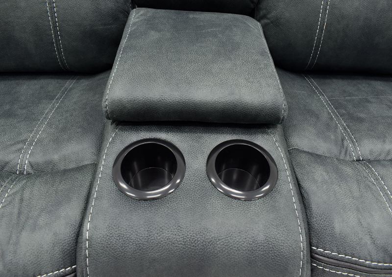 Close Up of the Center Console and Cup Holders on the Knoxville Reclining Loveseat in Gray by Standard Furniture | Home Furniture Plus Bedding
