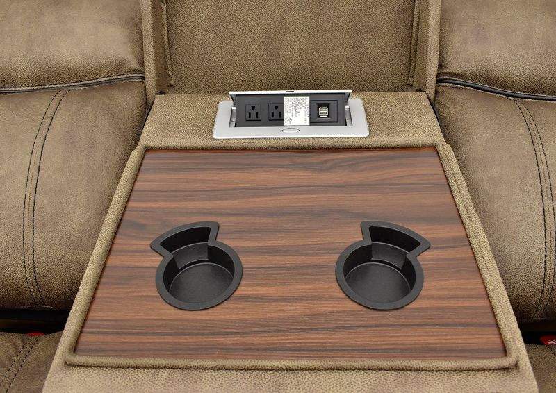 Close Up of the USB Power Ports and Cup Holders on the Knoxville Reclining Sofa in Brown by Standard Furniture | Home Furniture Plus Bedding