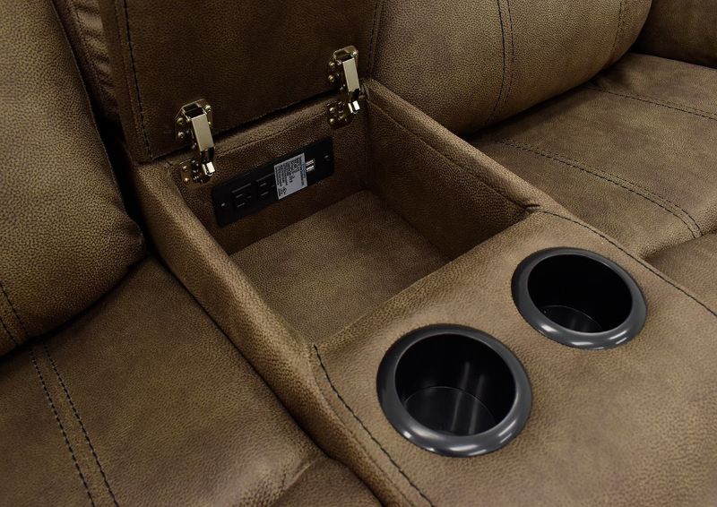 Open Close Up View of Storage Console and Cup Holders on the Knoxville Reclining Loveseat in Brown by Standard Furniture  | Home Furniture Plus Bedding