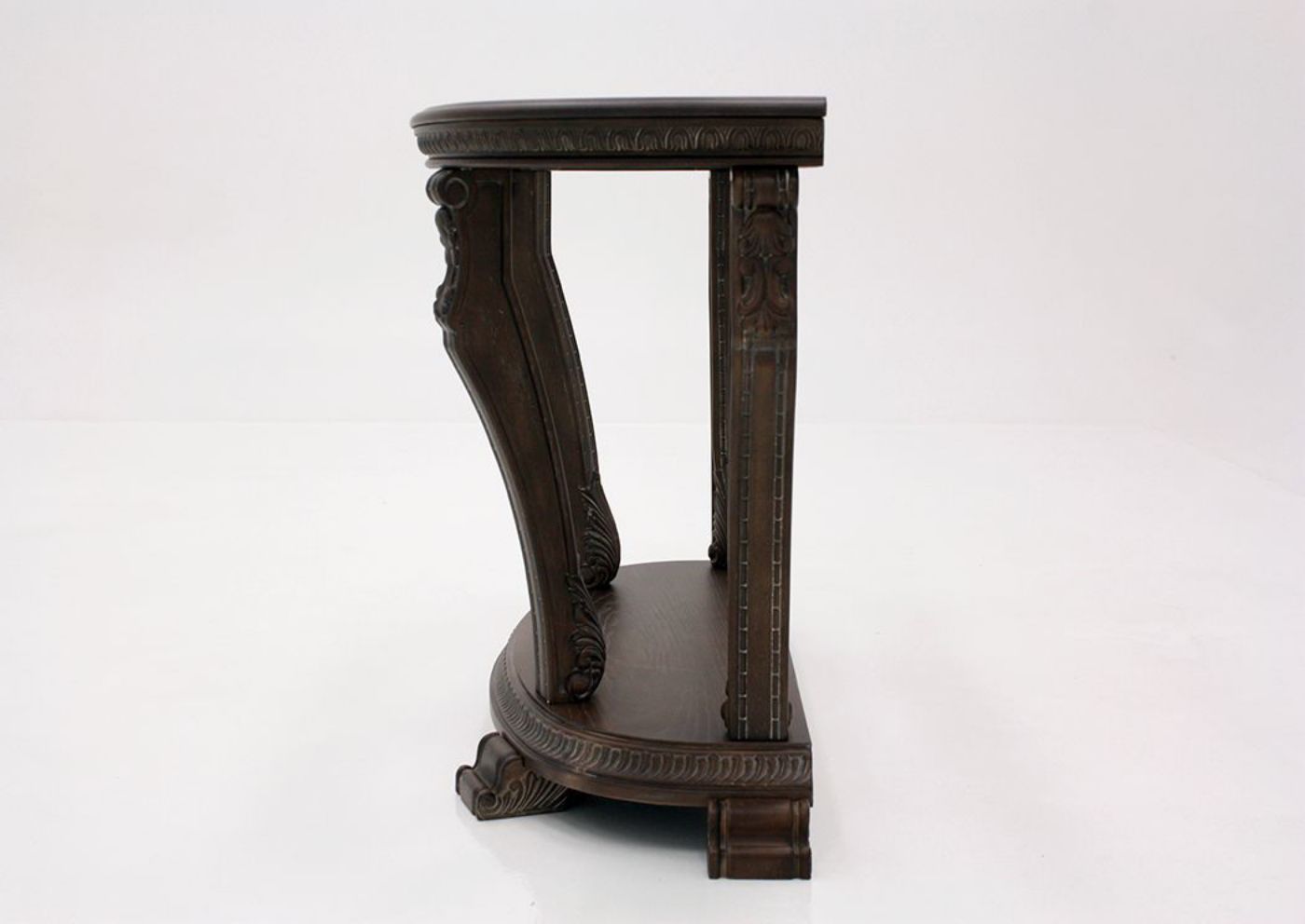 Brown Charmond Round Sofa Table by Ashley Furniture Showing the Side View | Home Furniture Plus Bedding