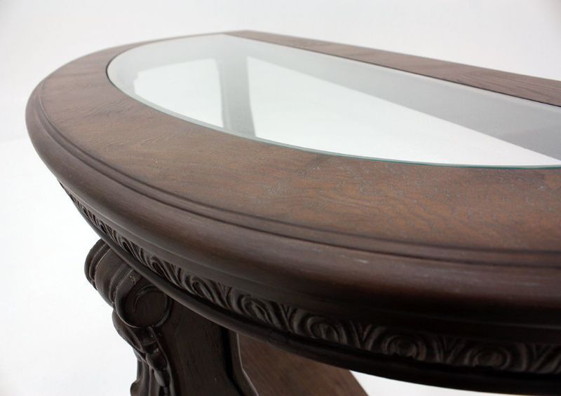Brown Charmond Round Sofa Table by Ashley Furniture Showing the Glass Top Detail | Home Furniture Plus Bedding