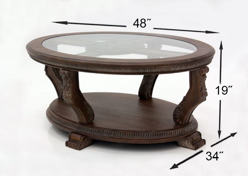 Brown Charmond Oval Coffee Table by Ashley Furniture Showing the Dimensions | Home Furniture Plus Mattress