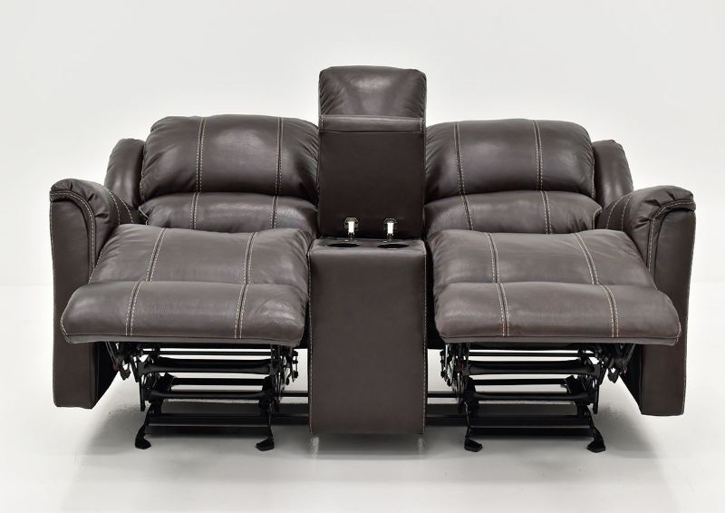Front View of Open Dual Recliners and Center Console on the Chocolate Brown Mercury Leather Glider Reclining Loveseat by Homestretch | Home Furniture Plus Bedding