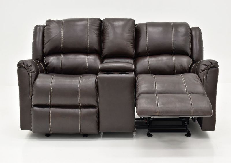 Front View of Extended Footrest on the Chocolate Brown Mercury Leather Glider Reclining Loveseat by Homestretch | Home Furniture Plus Bedding