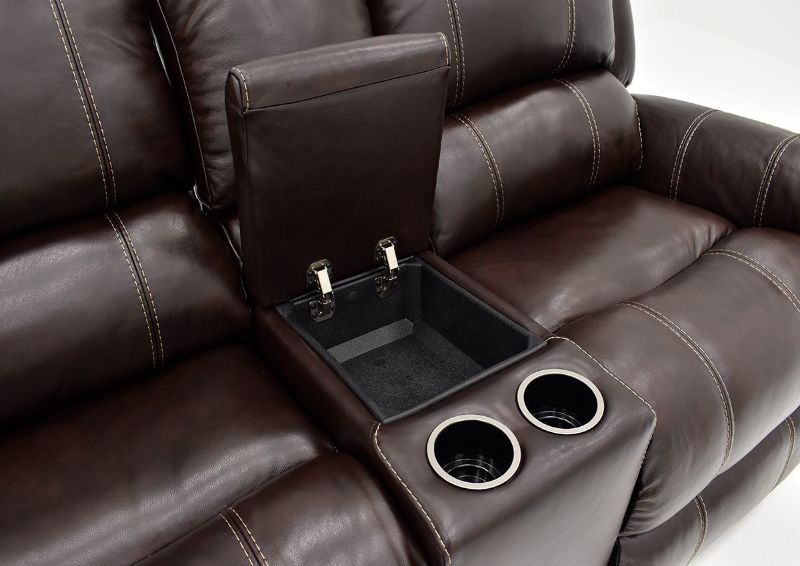 Close Up of Open Center Console on the Chocolate Brown Mercury Leather Glider Reclining Loveseat by Homestretch | Home Furniture Plus Bedding