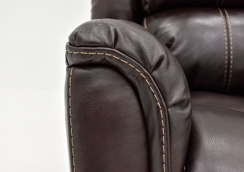 Close Up of the Padded Armrests on the Chocolate Brown Mercury Leather Glider Reclining Loveseat by Homestretch | Home Furniture Plus Bedding